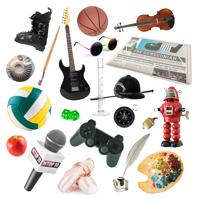 A collage of club objects such as student news press microphone, Oswegonian magazine, sports equipment, game pieces, paints, etc.