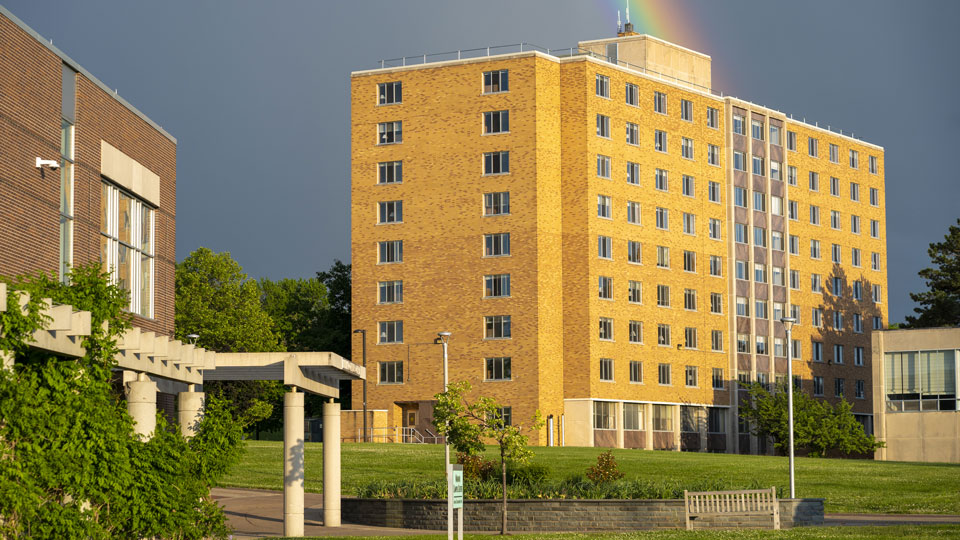 A rainbow over Funnelle Hall